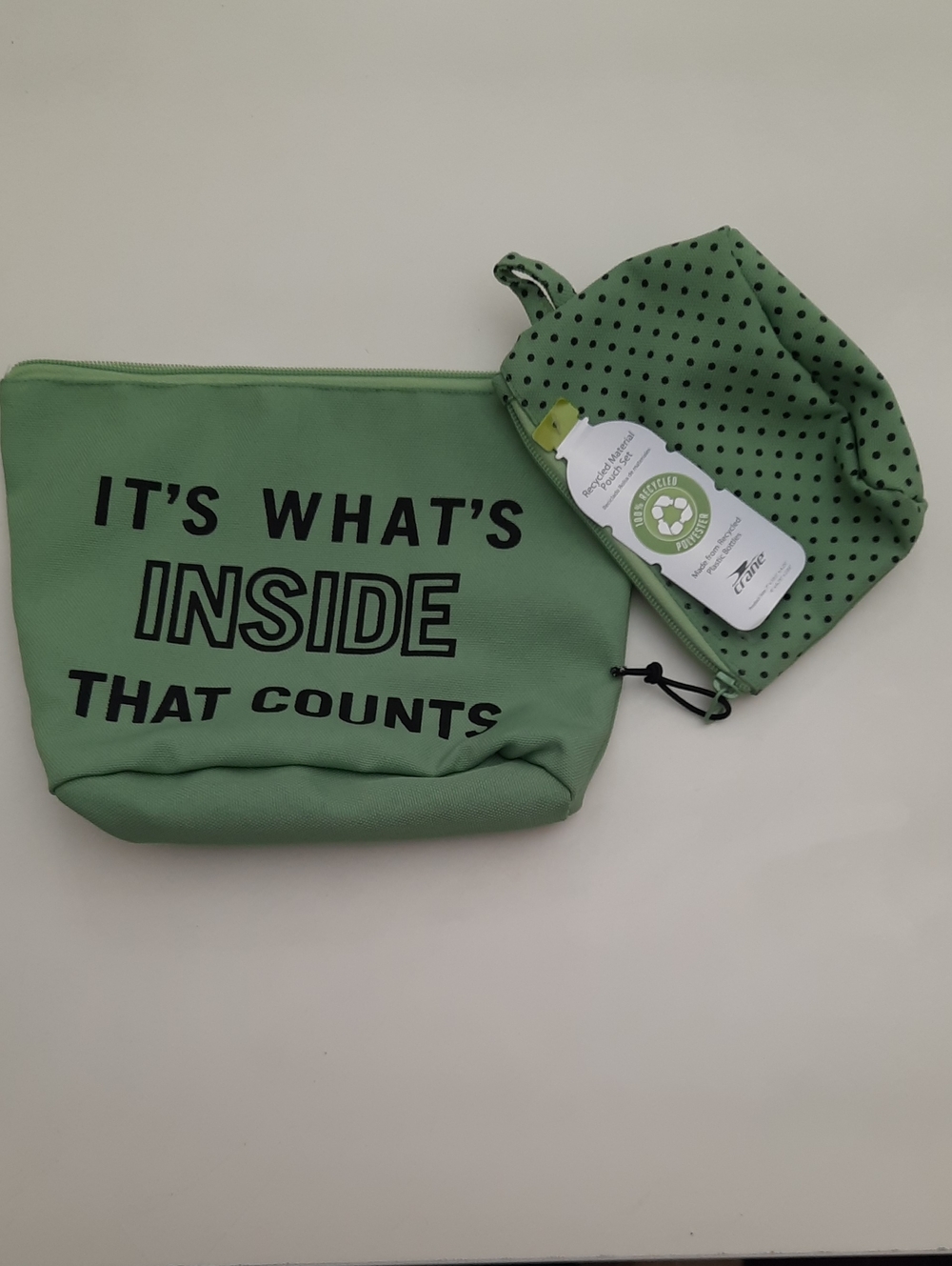 Green Travel Pouch Set 'It's What's Inside' Printed Cosmetic Bag - New with Tags